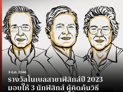 Read more about the article รางวัลโนเบลสาขาฟิสิกส์ปี 2023 มอบให้ 3 นักฟิสิกส์ ผู้คิดค้นวิธีจับภาพอิเล็กตรอนได้ในเสี้ยววินาที