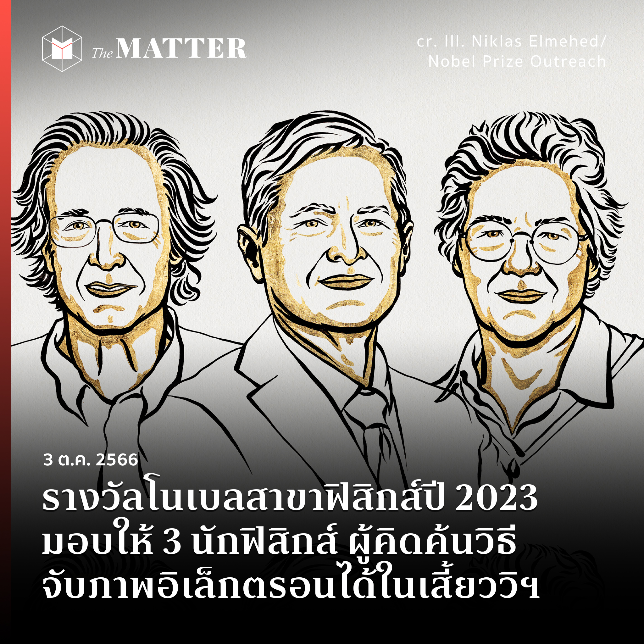 Read more about the article รางวัลโนเบลสาขาฟิสิกส์ปี 2023 มอบให้ 3 นักฟิสิกส์ ผู้คิดค้นวิธีจับภาพอิเล็กตรอนได้ในเสี้ยววินาที