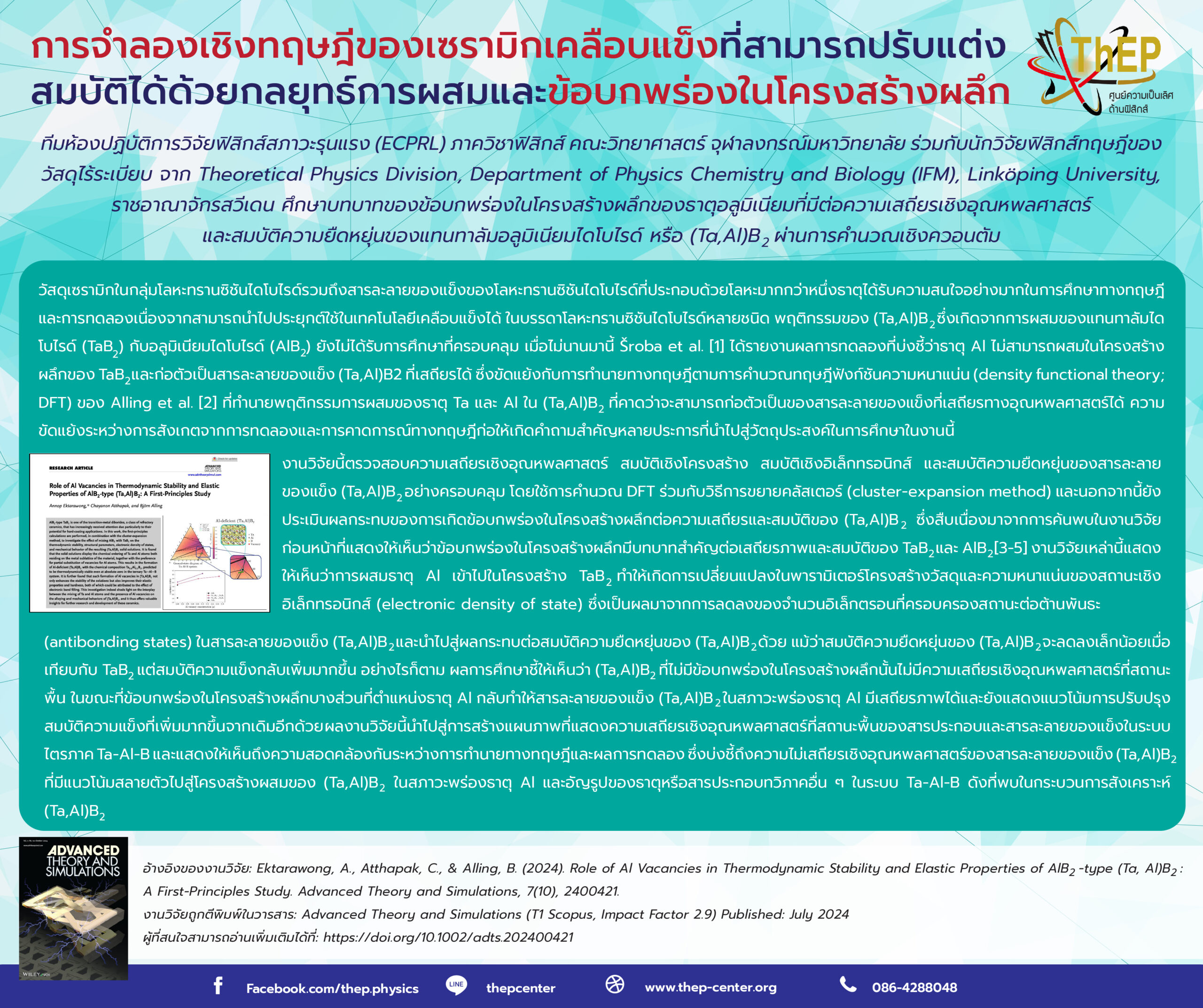 You are currently viewing การจำลองเชิงทฤษฎีของเซรามิกเคลือบแข็งที่สามารถปรับแต่งสมบัติได้ด้วยกลยุทธ์การผสม และข้อบกพร่องในโครงสร้างผลึก